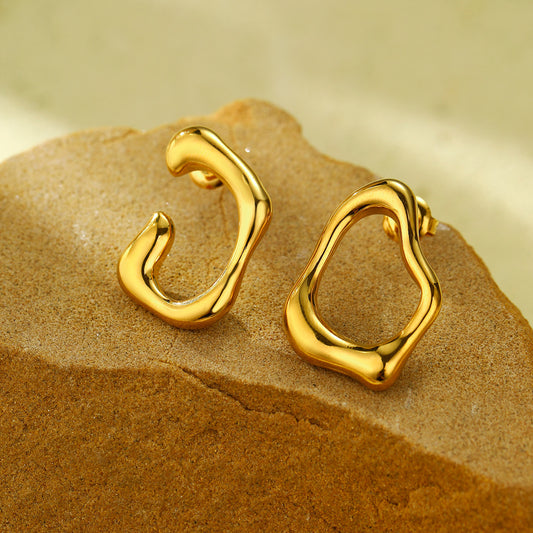 Minimalist Geometric Irregular C-Shaped Stainless Steel Earrings with 18K Gold Plating for Women