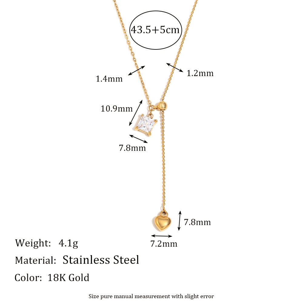 Minimalist Square Pendant Necklace with Stainless Steel Chain, 18K Gold Plated Titanium Steel Heart Charm, Zircon Inlay, and Fringe Detail for Women