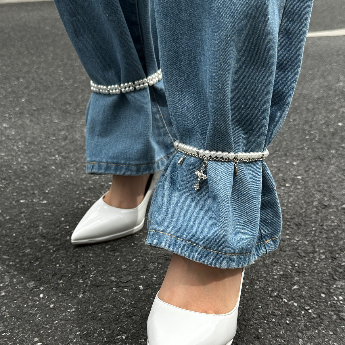 Tobillera de múltiples capas con colgante geométrico de cruz, perlas de imitación y borlas para mujer