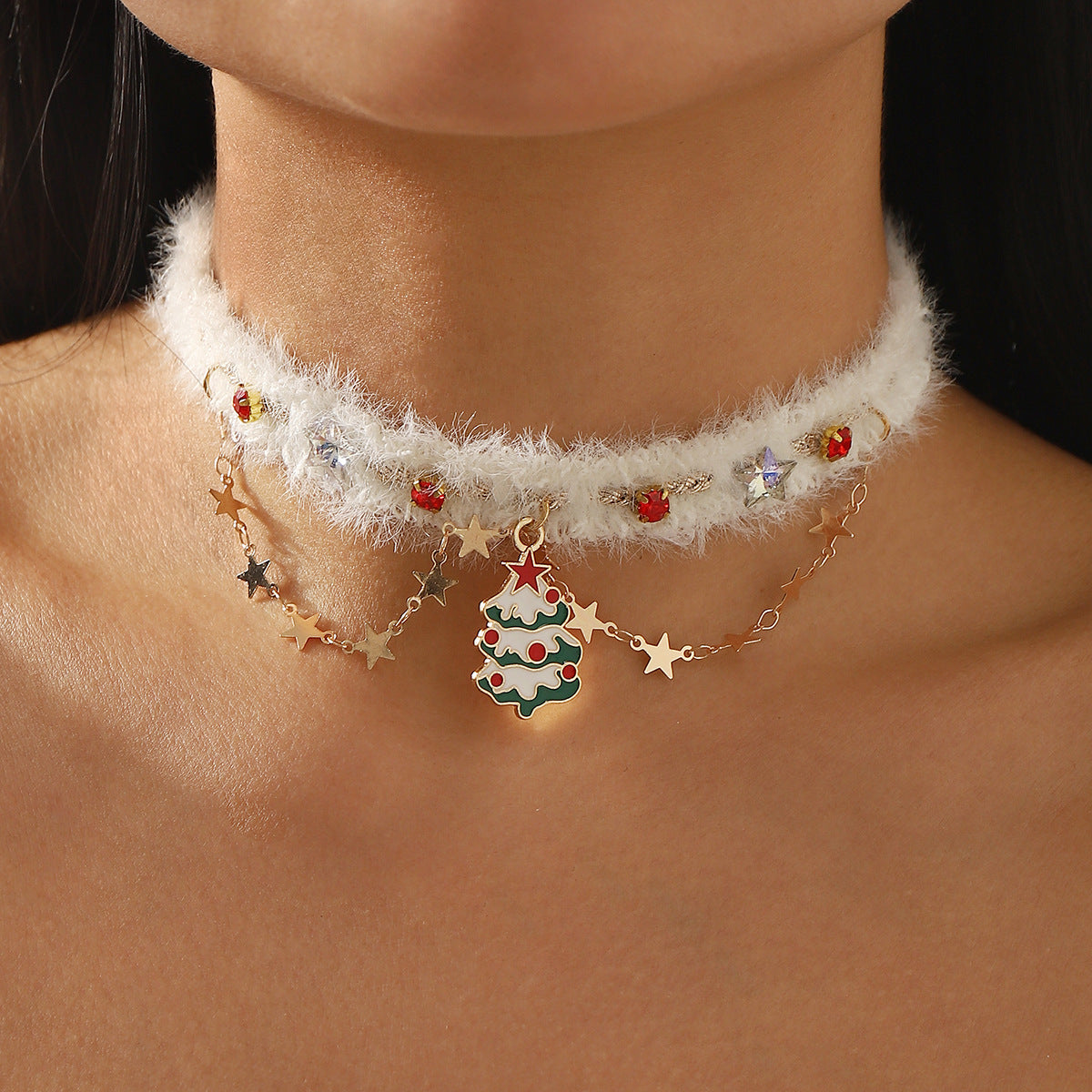 Collana Girocollo in Velluto a Forma di Albero di Natale da Donna con Ciondolo in Lega, Accessorio Festivo Artigianale per le Feste