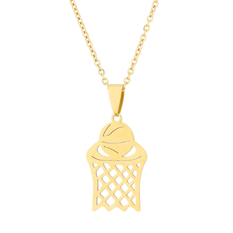 Elegante collar unisex con colgante geométrico de baloncesto, raqueta de tenis y diente en acero inoxidable con detalles de acero de titanio y acabado galvanizado