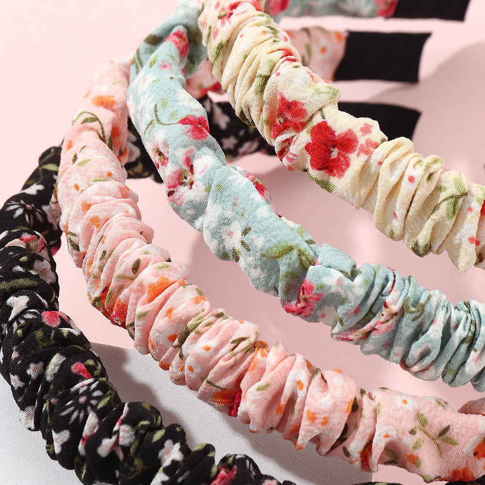 Retro Floral Ruffled Wide-Band Fabric Headband for Girls Summer Minimalist Forest Style Hair Accessory
