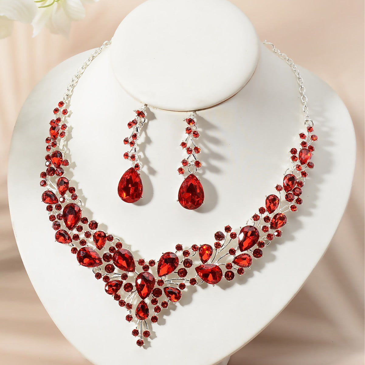 Luxury Elegant Floral Rhinestone Plated Necklace and Earring Set for Women Wedding Party