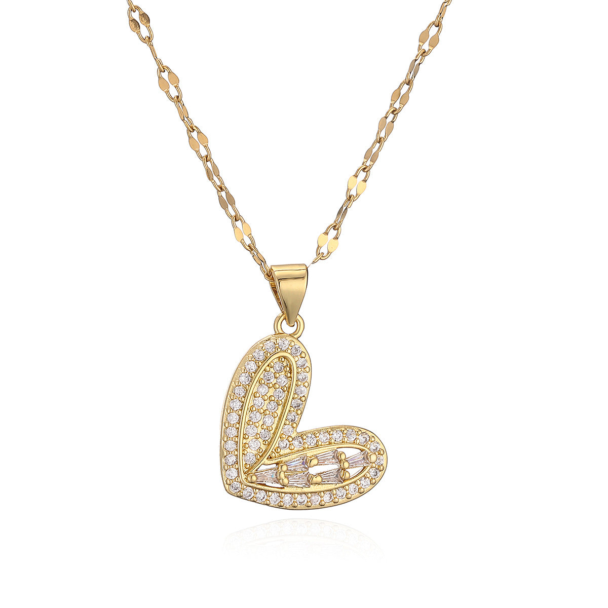 Collana con Pendente a Cuore Minimalista in Rame, Placcata Oro Vero e con Intarsio di Zirconi per Donna
