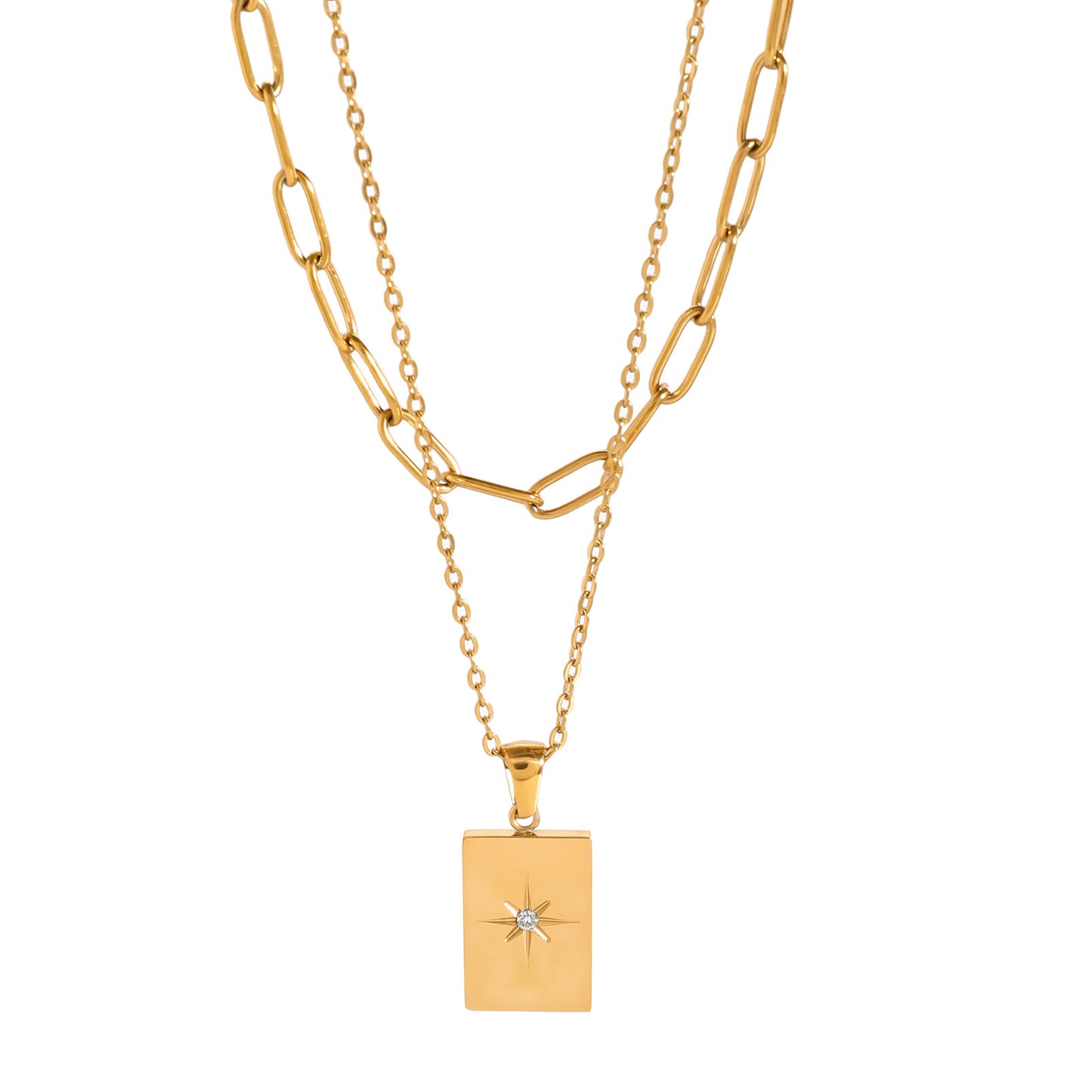 Collar con colgante doble geométrico minimalista de estrella hueca cuadrada de acero inoxidable con acabado chapado para mujer