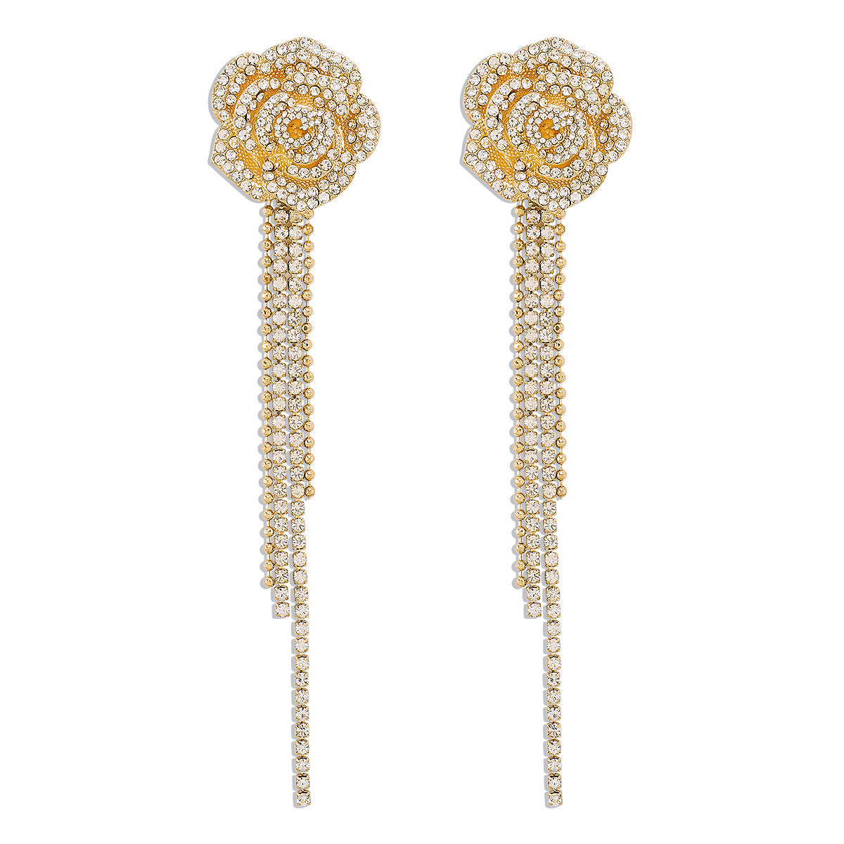 Eleganti orecchini a lobo ispirati al vintage con camelia e strass intarsiati su base in lega, design floreale femminile con frange pendenti