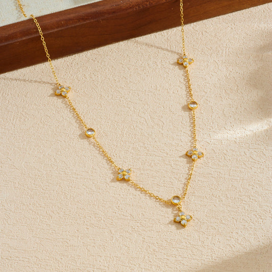 Minimalist Casual Gold Plated Stainless Steel Floral Rhinestone Pendant Necklace for Women
