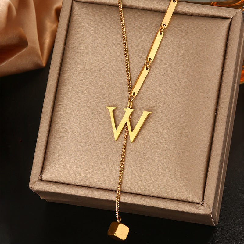 Minimalist Titanium Steel Letter Pendant Necklace with Tassel for Women