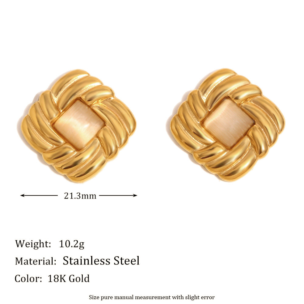 Fashionable Oval Geometric Ring Stud Earrings in Stainless Steel with 18K Gold Plating and Mother-of-Pearl Accents