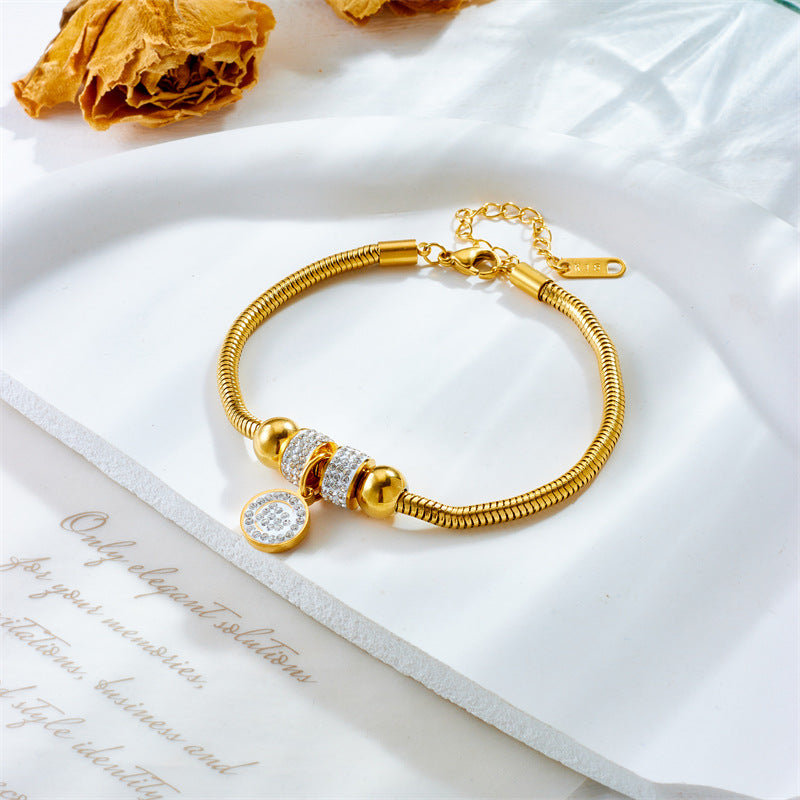 Fashionable Vintage Titanium Steel Beaded Round Pendant Bracelet with Rhinestone Inlay and Plated Finish