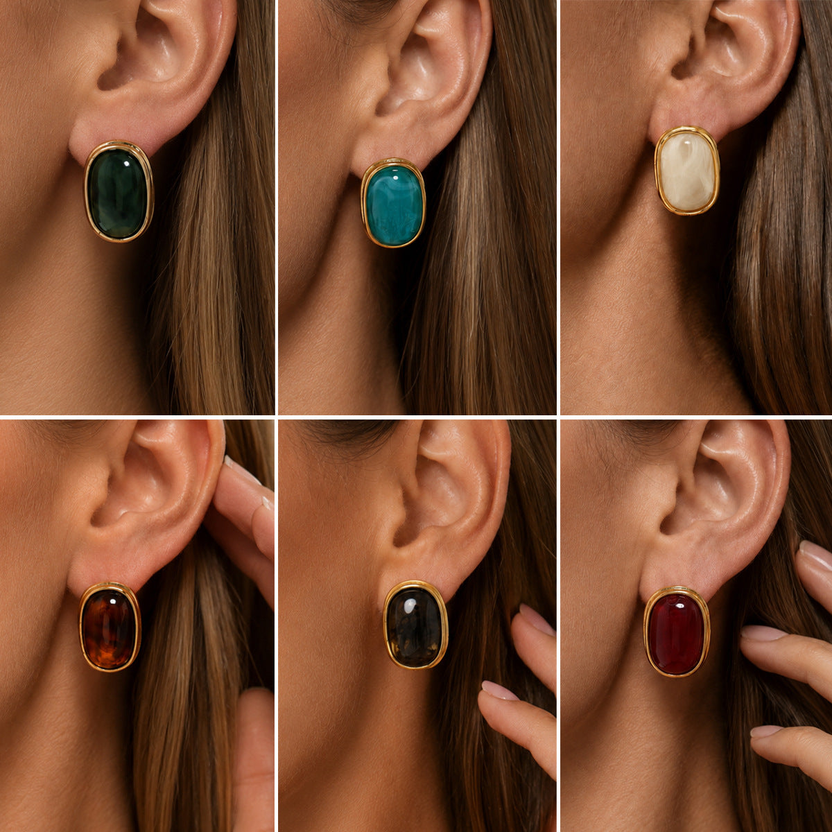 French Vintage Oval Gradient Resin 18K Gold Plated Stainless Steel Earrings for Women