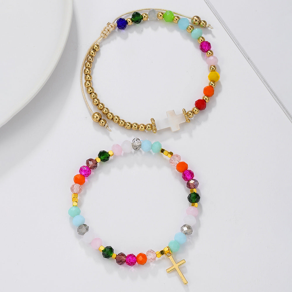 Geometric Cross Crystal Beaded Bracelet Set for Unisex