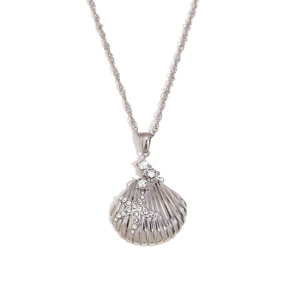 Fashionable Bow Knot Pendant Necklace for Women Stainless Steel Base with 18K Gold Plating Featuring Scallop Shell and Starfish Inlay Design