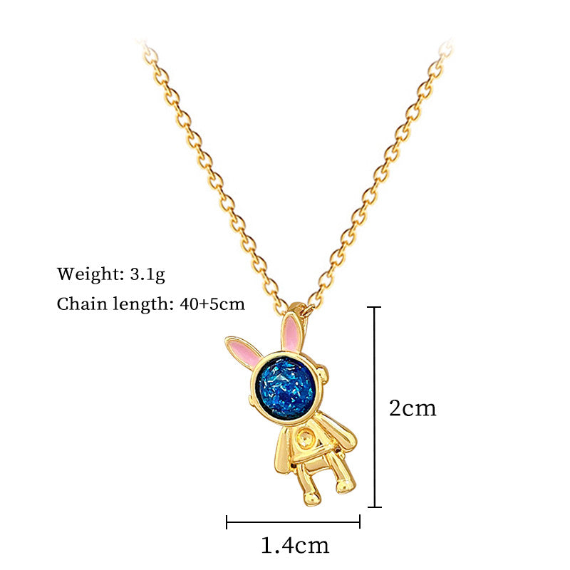 Sweet Cartoon Geometric Moon Astronaut Rabbit Rhinestone Pendant Titanium Steel Necklace for Unisex