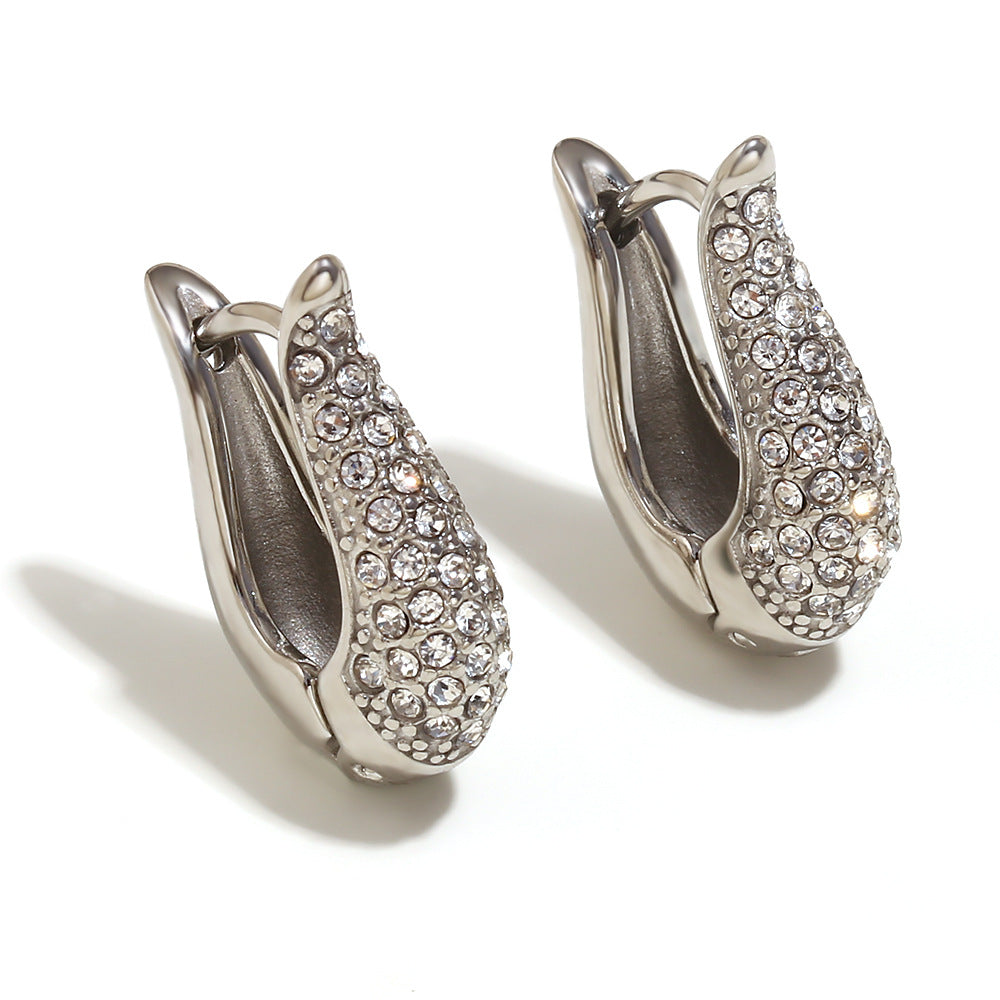 Fashionable Geometric U-Shaped Stainless Steel Earrings with 18K Gold Plating and Full Rhinestone Accents for Women