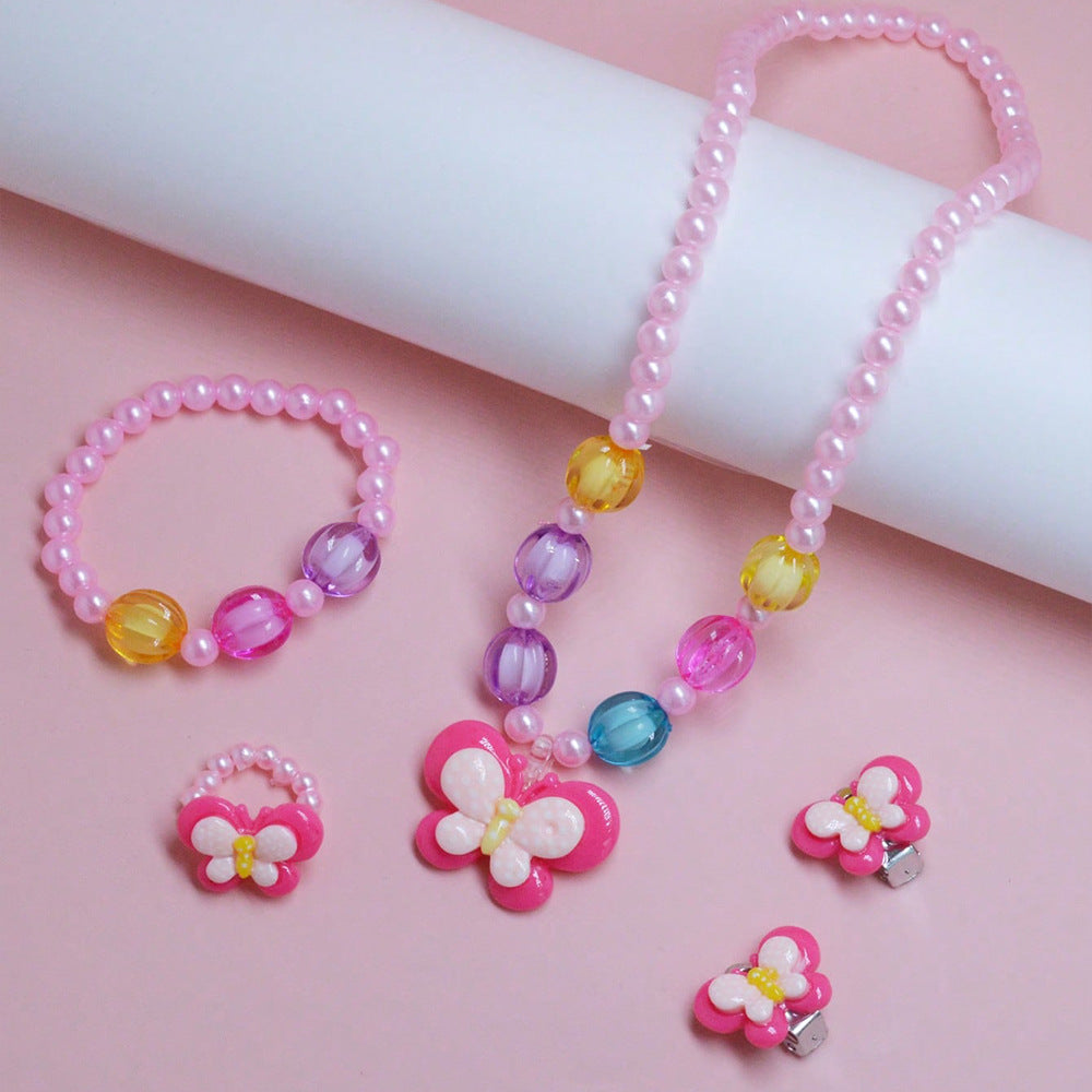 Cartoon Butterfly-Shaped Resin Necklace for Kids with Round Bead Chain, Handcrafted Children's Jewelry Gift Set