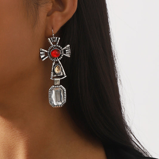 Orecchini etnici geometrici vintage in lega con ciondolo a croce intarsiato di strass per donna