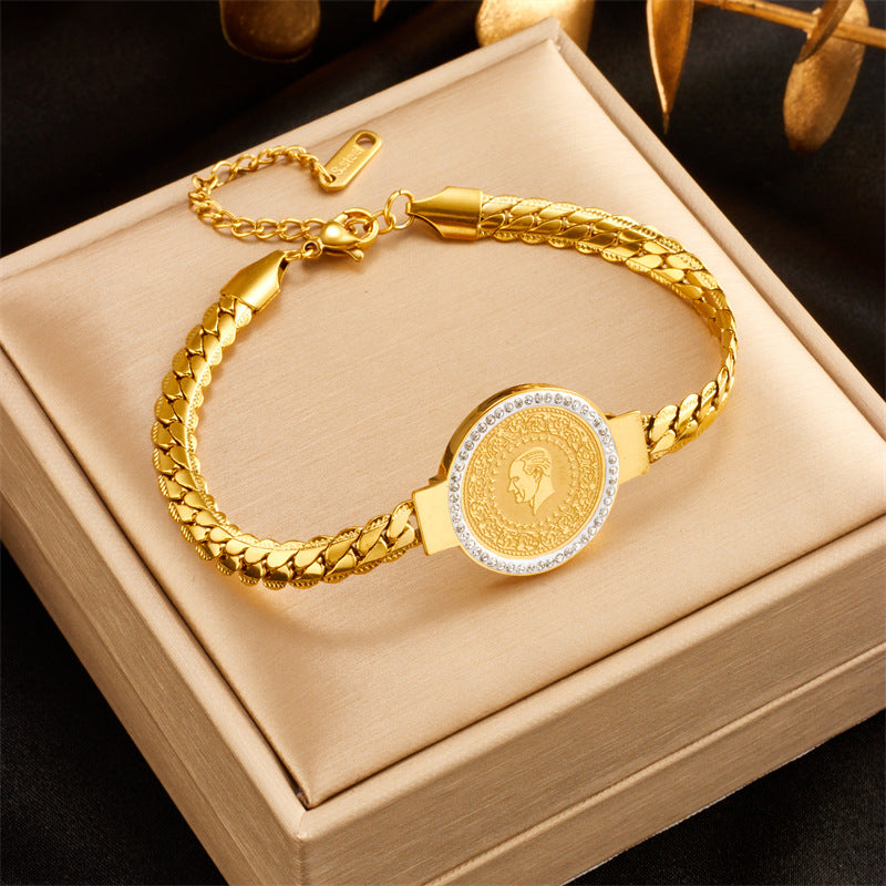 Vintage-Inspired Fashion Bracelet with Round Pendant, Titanium Steel Snake Chain, Electroplated Finish for Women