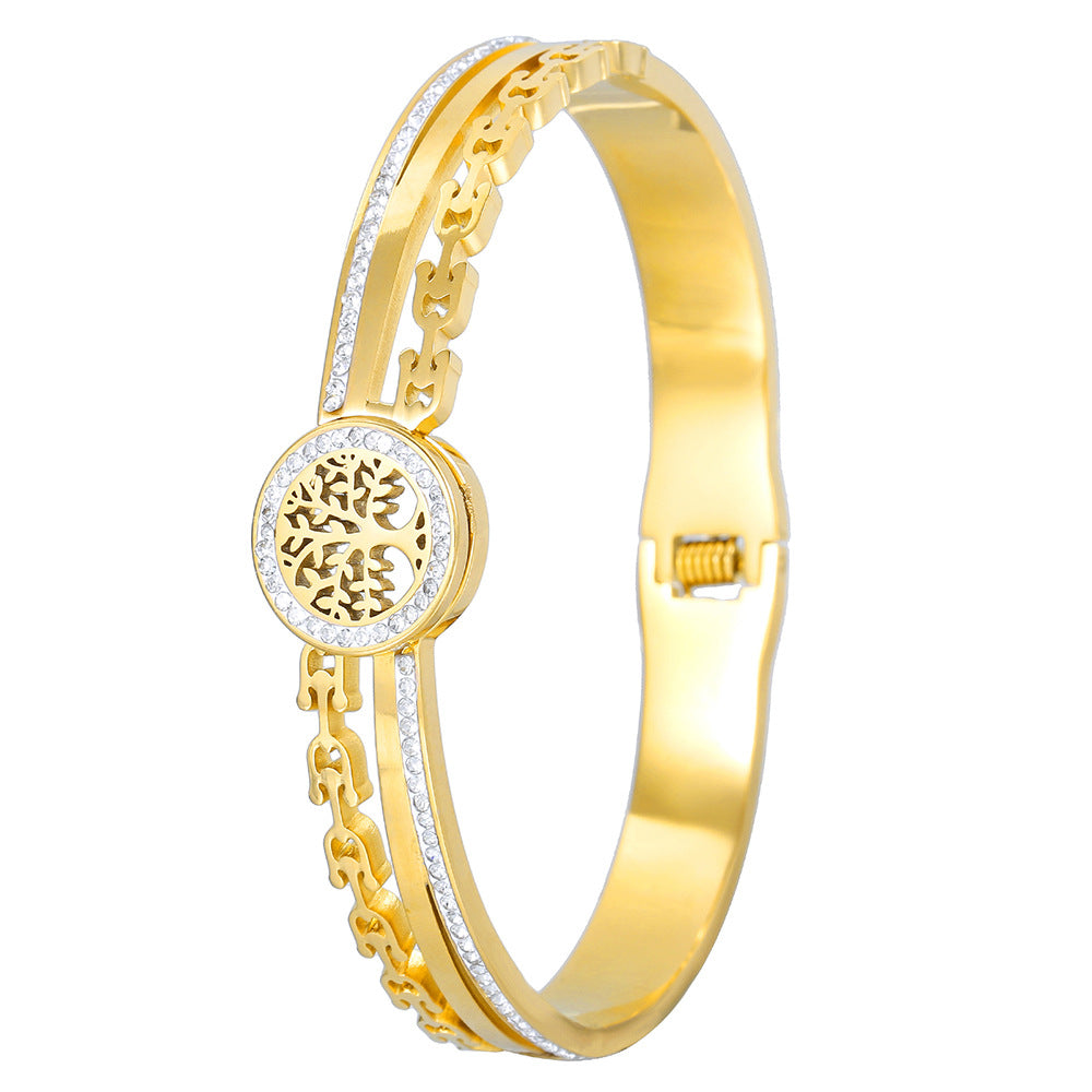 Geometric Round Titanium Steel Bracelet with Cubic Zirconia and Shell Design Plated Finish