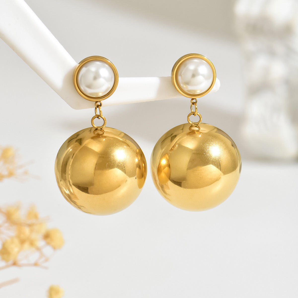Minimalist Geometric Round Pearl Stainless Steel Earrings Plated