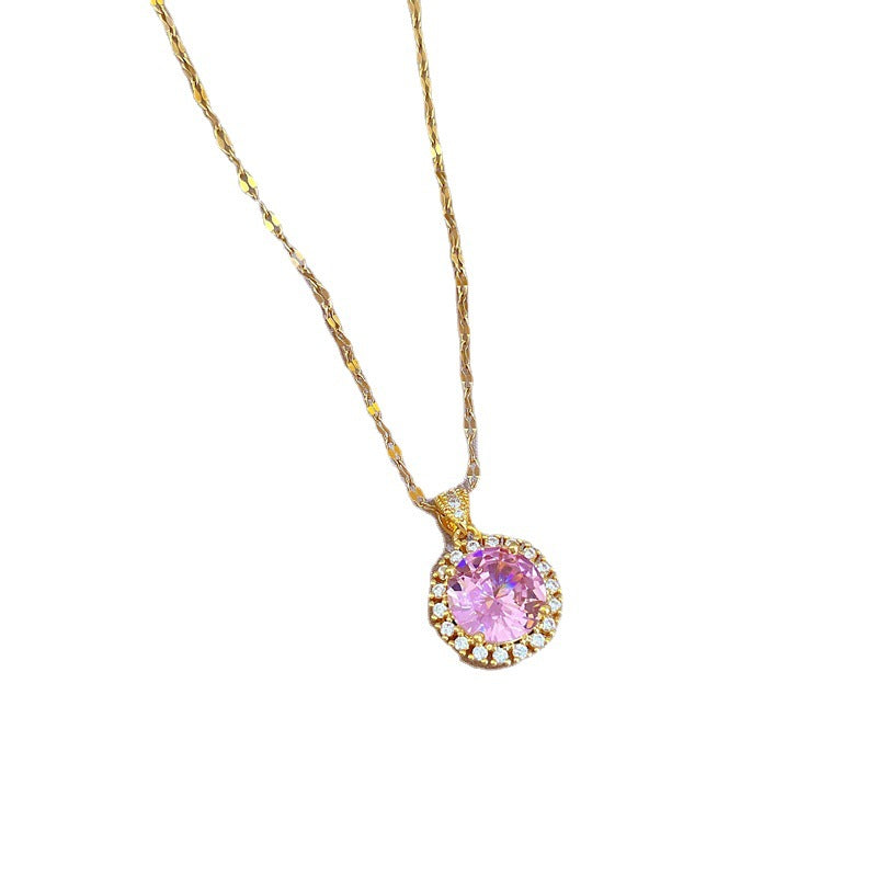 Elegant Titanium Steel Geometric Pendant Necklace for Women with Micro-Paved Rhinestones, Delicate Clavicle Chain