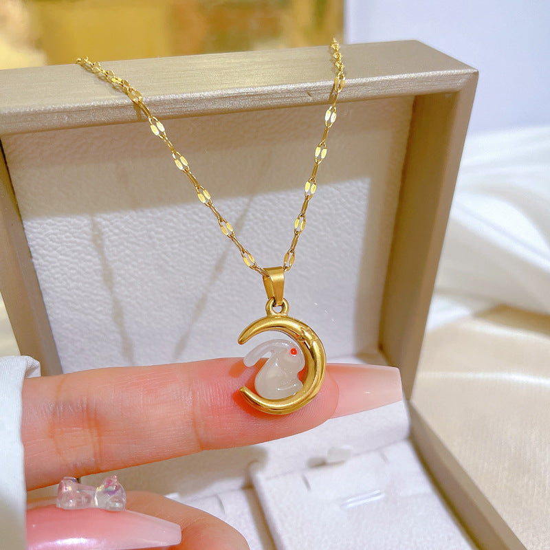 Collar con colgante minimalista de luna y conejo de acero de titanio para mujer, cadena con medallón geométrico, a la moda para la oficina