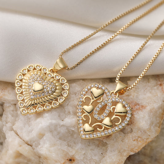 Minimalist Elegant 18K Gold Plated Brass Heart Cubic Zirconia Pendant Necklace for Women
