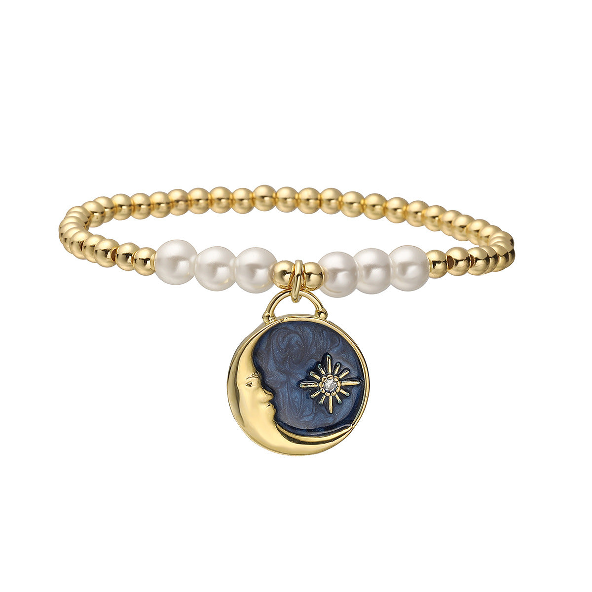 Pulsera de Cobre con Colgante de Sol, Luna, Aceite Caído, Circones y Baño de Oro de 18K para Mujer