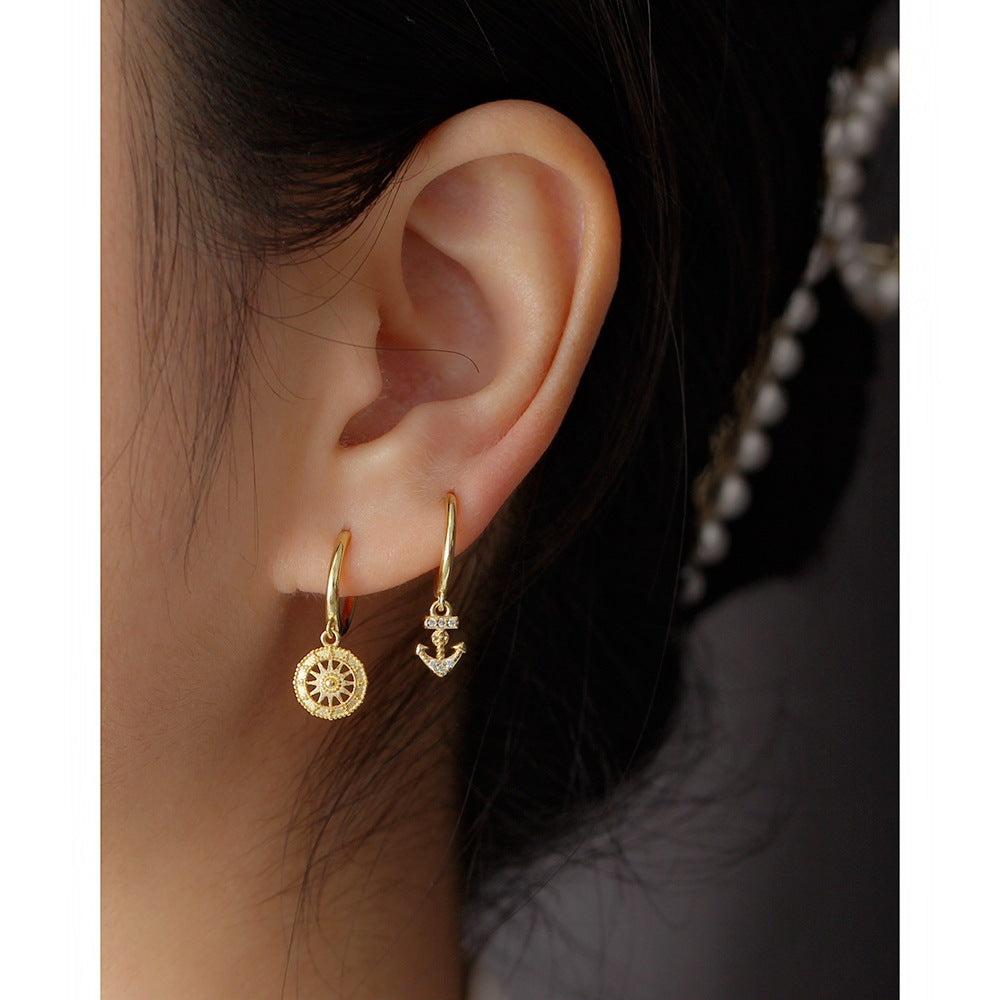Orecchini a cerchio geometrici rotondi placcati in argento sterling 925, eleganti e raffinati, con motivo a bussola astratta da donna