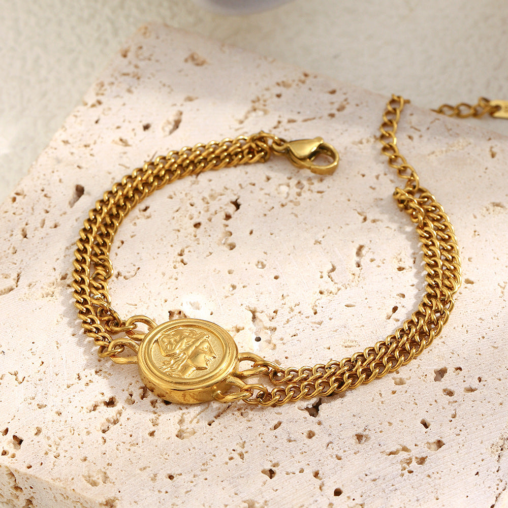 Fashionable Vintage Geometric Stainless Steel Plated 18K Gold Double Layer Queen Portrait Bracelet for Women
