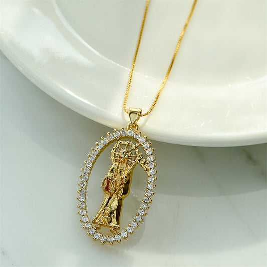 Collar con colgante de esqueleto geométrico minimalista para mujer con base de cobre chapada en oro real y circonitas incrustadas