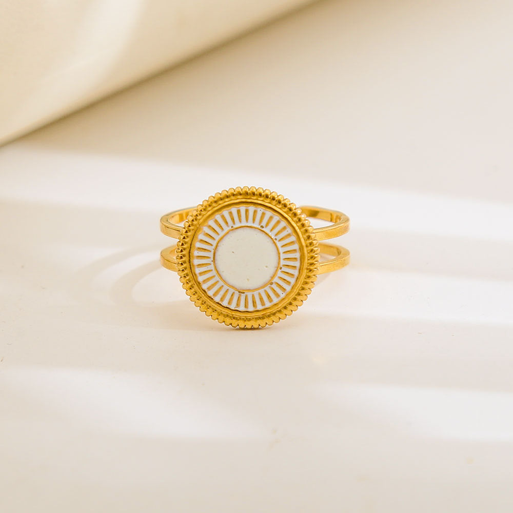 Anello geometrico rotondo in acciaio al titanio con smalto bianco e nero, regolabile, in stile vintage