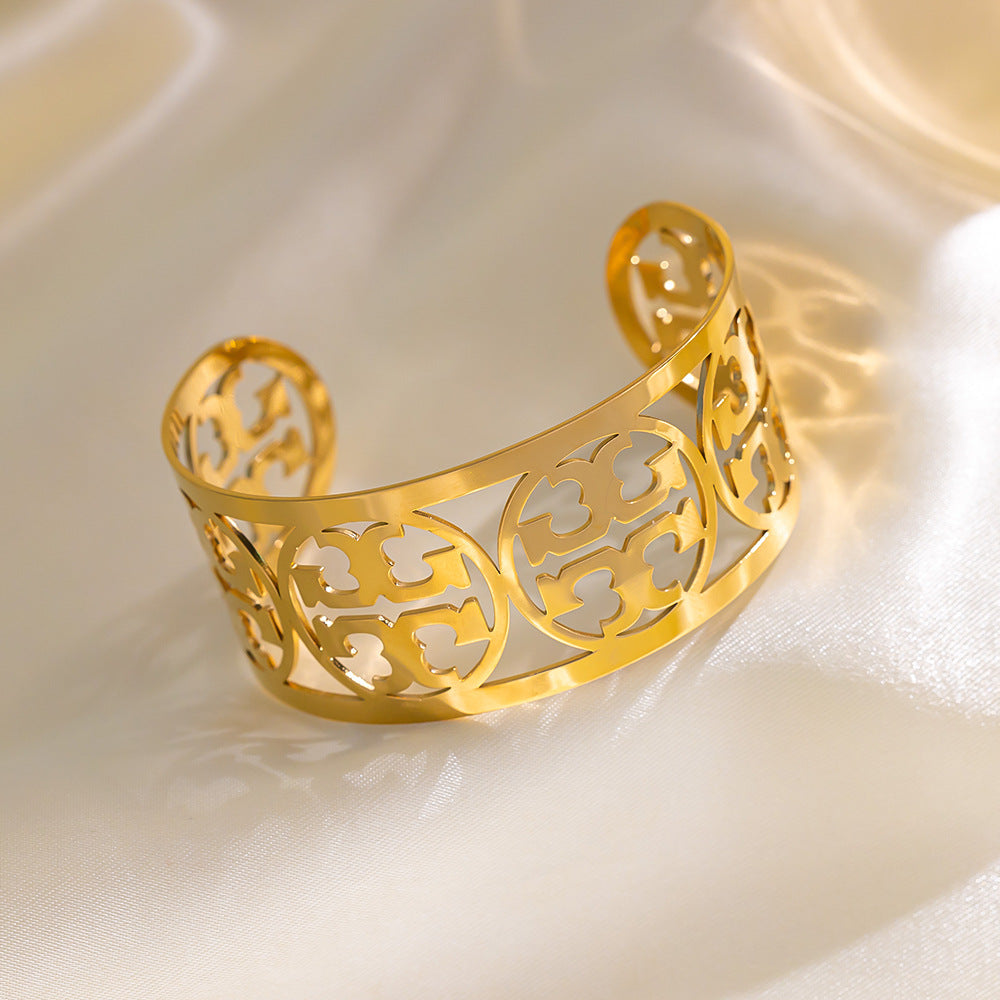 Fashionable Hollow-Out Opening Titanium Steel Bracelet with 18K Gold Plating, Polished Finish, Geometric Design for Women