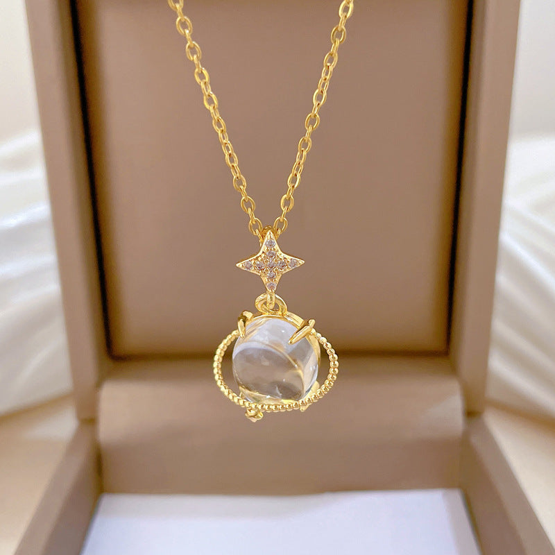 Sweet Elegant Geometric Moon Titanium Steel Plated Rhinestone Necklace for Unisex