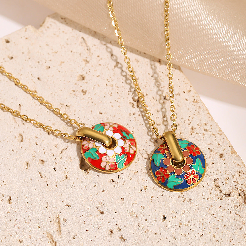 Minimalist Floral Geometric Pendant Necklace for Women in Titanium Steel with Enamel Finish