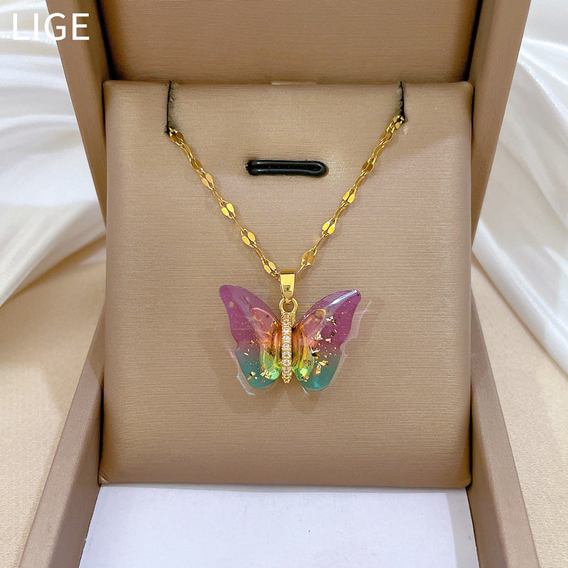 Butterfly-Shaped Titanium Steel Necklace with Rhinestone Inlay for Women, Delicate Clavicle Chain in Minimalist and Sweet Style