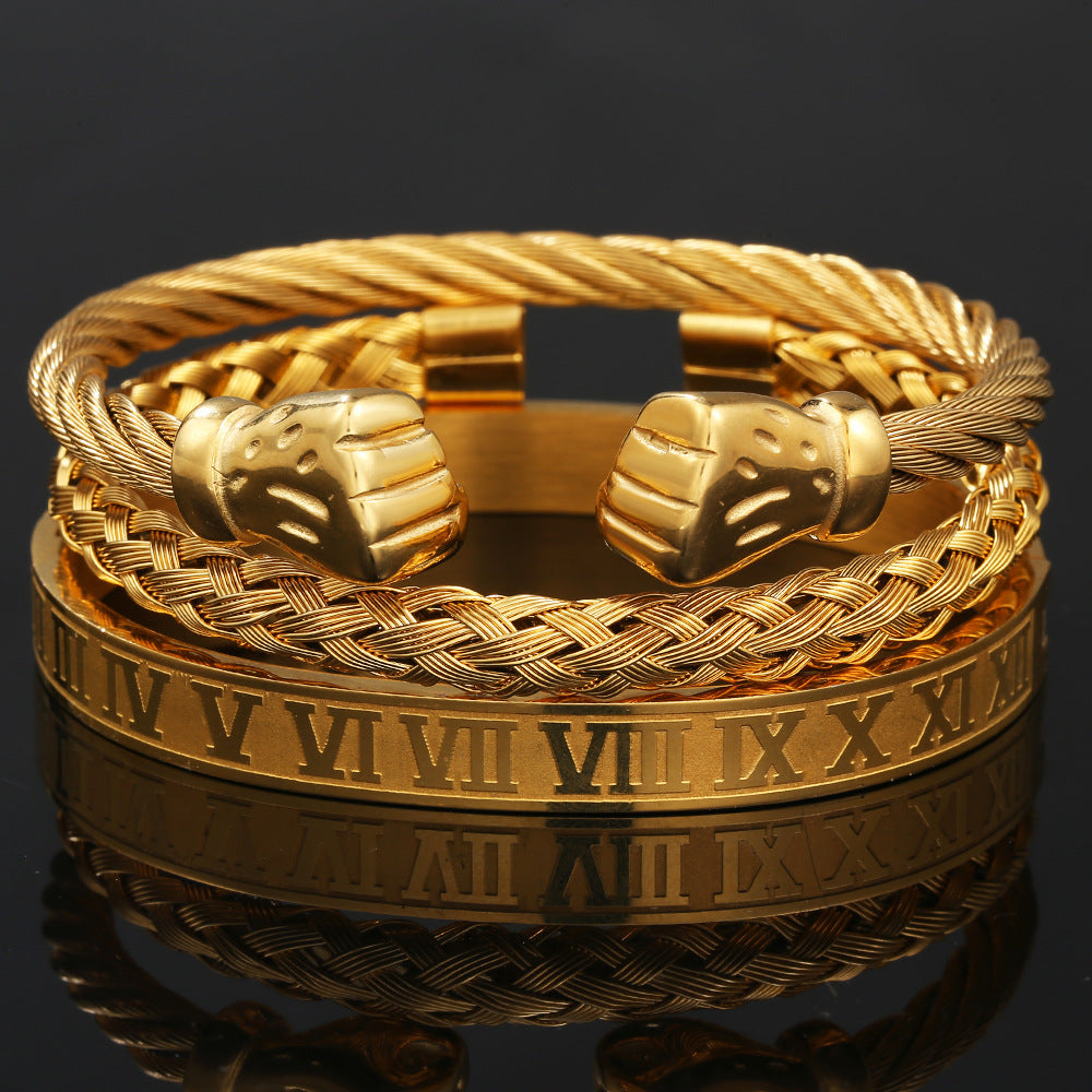 Personalized Gold Plated Titanium Steel Fist Bracelet with Roman Numerals for Men and Women
