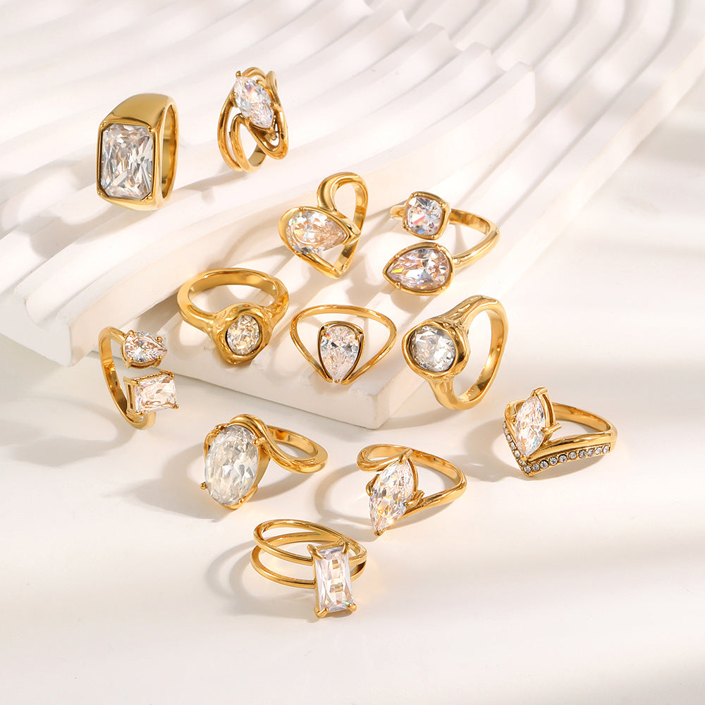 Luxury Minimalist Marquise Teardrop Geometric Gold Plated Stainless Steel Ring with Cubic Zirconia for Women