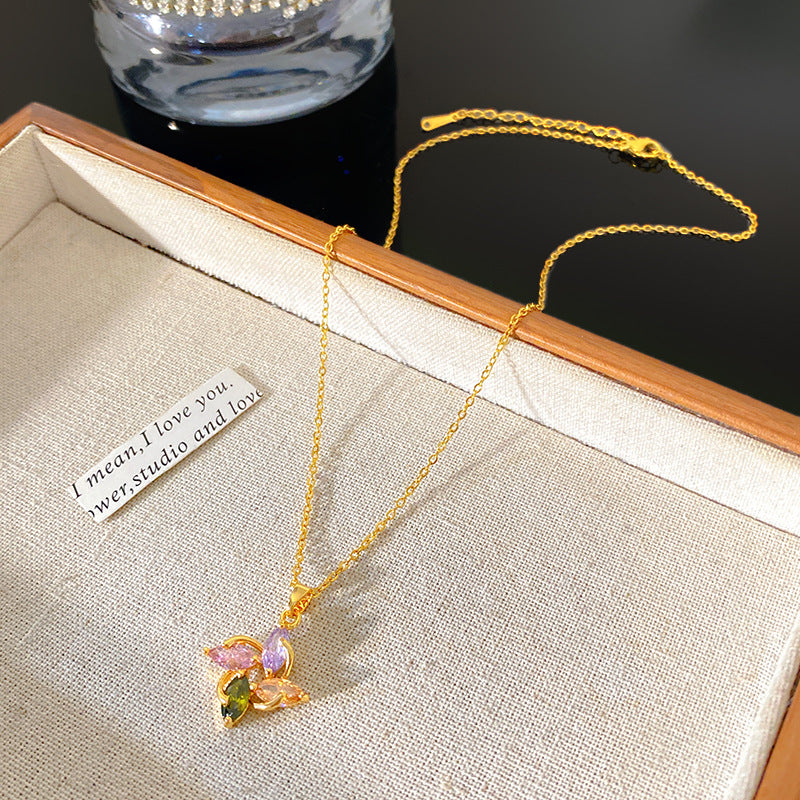 Minimalist Elegant Geometric Micro-Inlay Cubic Zirconia Plated Titanium Steel Necklace for Women