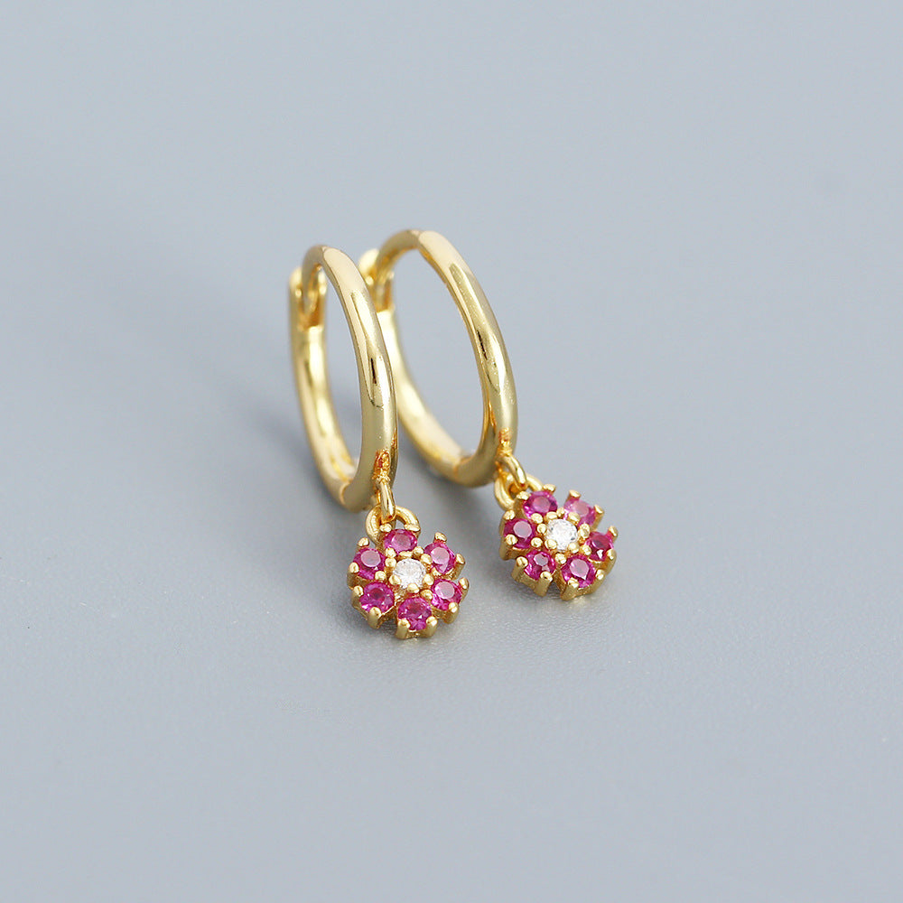 Minimalist Floral Geometric Earrings in 925 Sterling Silver with Blue Zircon Inlay
