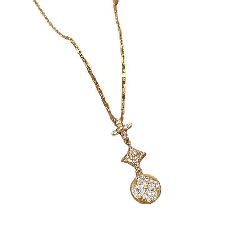 Collana Pendente Geometrica di Lusso con Pianeta Floreale per Donna in Acciaio al Titanio con Catena a Clavicola Micro-Pave