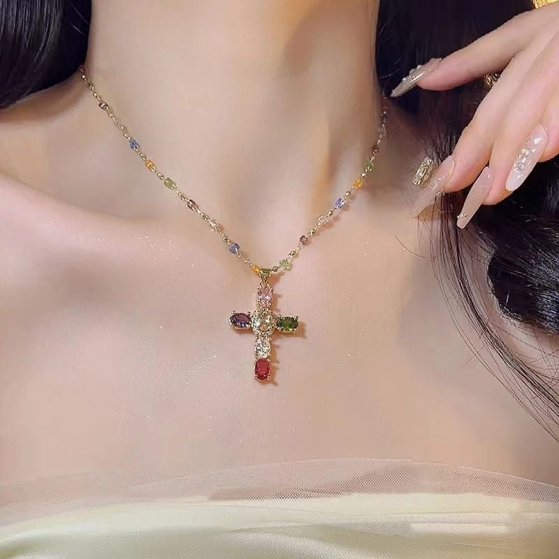 Sweet Colorful Cross Zinc Alloy Plated Necklace with Crystal Cubic Zirconia Inlay for Unisex