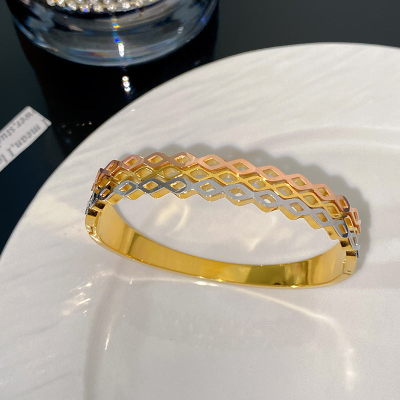 Minimalist Geometric Checkered Plated Titanium Steel Bracelet for Women
