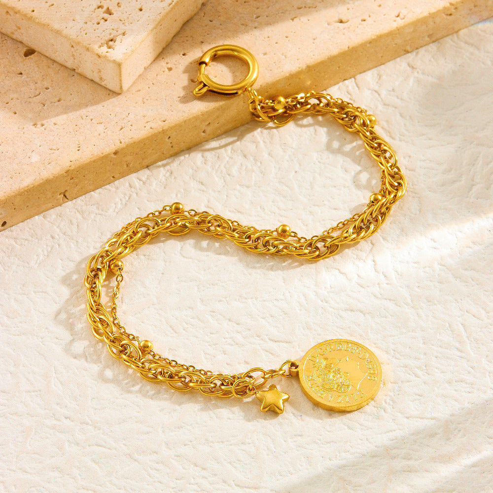 Vintage Gold Plated Stainless Steel Coin Round Star Pendant Tassel Jewelry Set with Box Chain