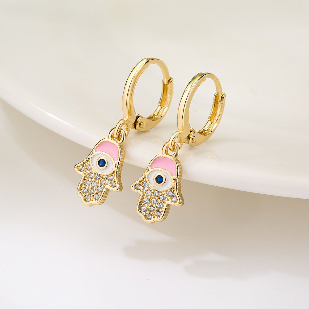 Vintage-Style Geometric Copper Earrings with 18K Gold Plating and Enamel Finish Featuring Hand and Eye Motifs for Women