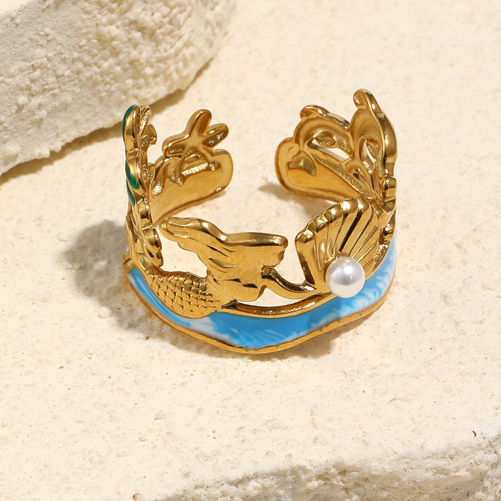 Minimalist Vacation-Style Stainless Steel Plated 18K Gold Starfish and Scallop Open Ring with Line Design