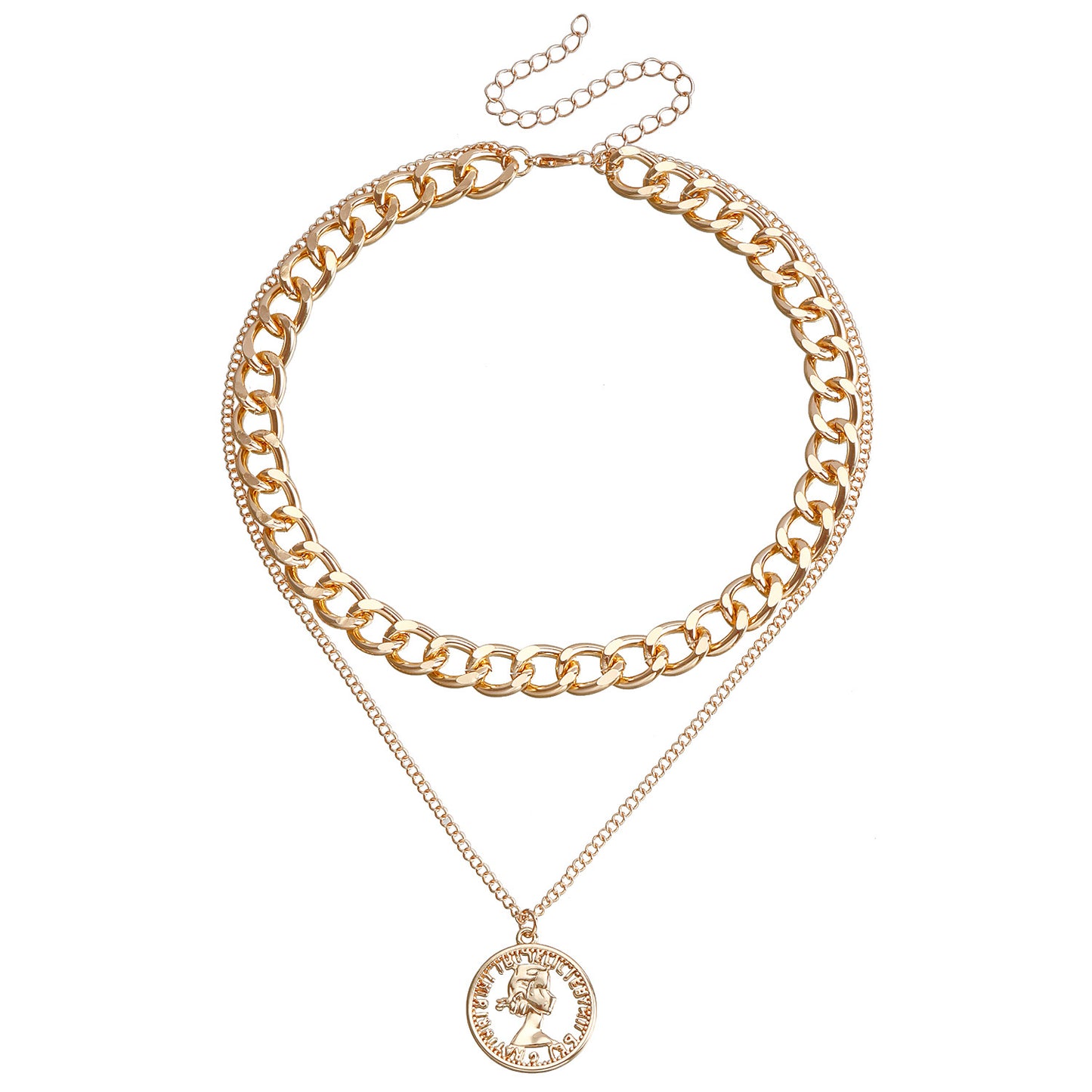 Vintage Double-Layer Hollow Geometric Pendant Necklace for Women with Plated Metal Chain