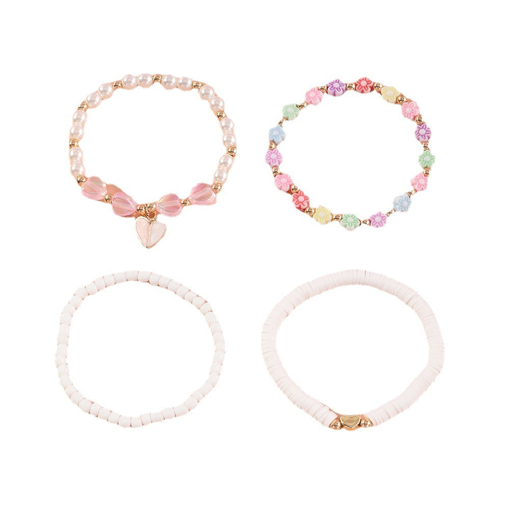 Pulsera de Cuentas de Arcilla Polimérica Corazón Floral Rosa Minimalista para Niñas, Hecha a Mano con Perlas de Cerámica Suave