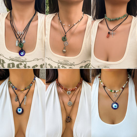 Collar con colgante vintage de ojo turco de turquesa para mujer con cuentas de aleación y cordón de cera con forma geométrica