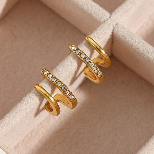 Orecchini da donna alla moda in acciaio inossidabile con geometria, placcatura in oro 18 carati e intarsio di zirconi
